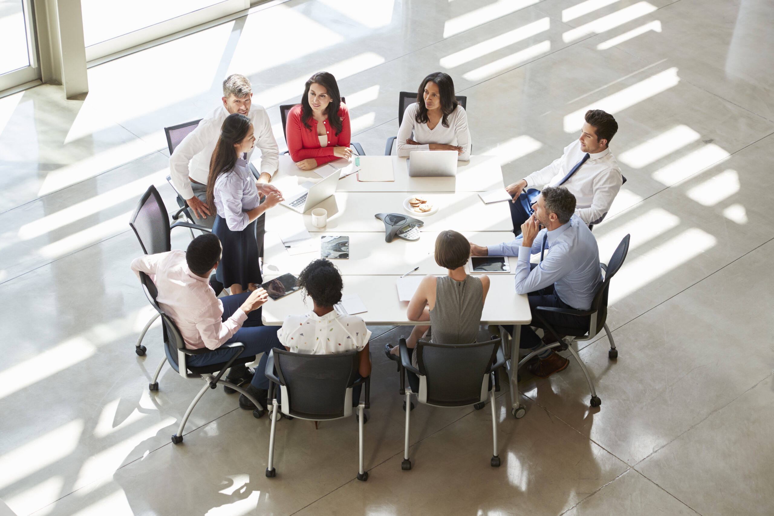 Businesswoman addressing colleagues at table, elevated view